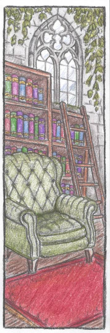 Green armchair with red rug, bookshelves, ladder and a gothic style window in the background, color pencil